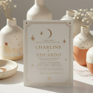 Minimalistische Mond-und Sterne-Goldfolie-Hochzeit Folieneinladung