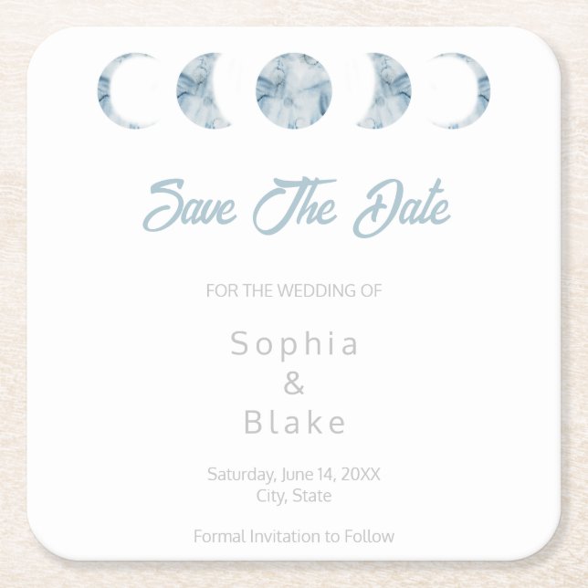 Minimalistische Mondphasen Celestial Save the Date Rechteckiger Pappuntersetzer (Vorderseite)