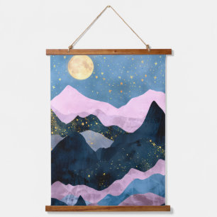 Minimalistische Mondsterne Himmelsbergtal Wandteppich Mit Holzrahmen