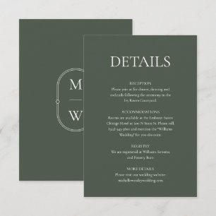 Minimalistische Mongram Moss Green Wedding Details Begleitkarte
