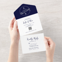 Minimalistische Mongram Navy Blue Wedding All In One Einladung