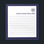 Minimalistische Mongram Navy Linde Notizblock<br><div class="desc">Ein modernes,  minimalistisches Notizblock in marineblau-weiß. Benutzerdefiniertes Monogramm Initial und Name auf einem einfachen weißen Hintergrund,  gerahmt durch einen marineblau Rahmen. Personalisieren Sie die Eingabe mit den angegebenen Feldern,  oder wenden Sie sich mit der Schaltfläche 'Nachricht' an den Designer,  um Hilfe zu erhalten.</div>
