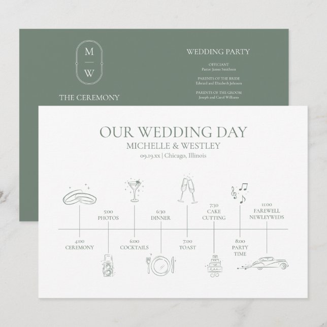 Minimalistische Mongram Sage Green Wedelzeitline Programm (Vorne/Hinten)
