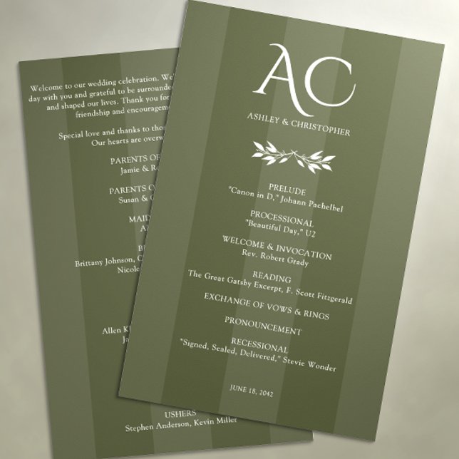 Minimalistische Mongram Striped Olive Green Weddin Programm (Von Creator hochgeladen)