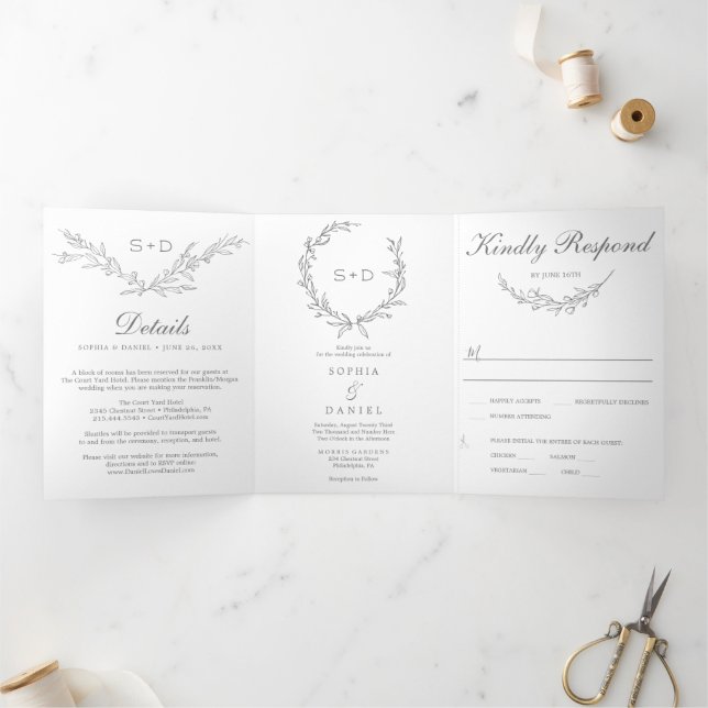 Minimalistische Monogram All-in-one Hochzeitseinla Dreifach Gefaltete Einladung (Innenseite)