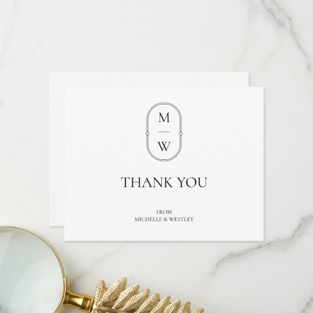 Minimalistische Monogram Black & White Wedding Dankeskarte (Vorderseite/Rückseite Beispiel)