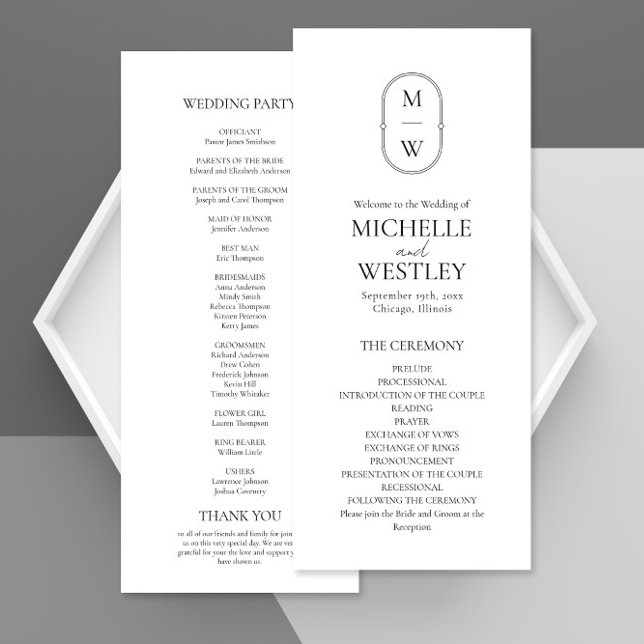 Minimalistische Monogram Black & White Wedding Programm (Von Creator hochgeladen)