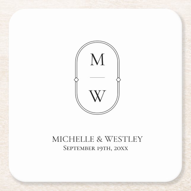 Minimalistische Monogram Black & White Wedding Rechteckiger Pappuntersetzer (Vorderseite)
