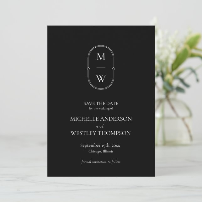 Minimalistische Monogram Black & White Wedding Save The Date (Stehend Vorderseite)