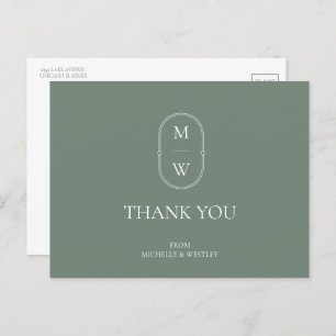 Minimalistische Monogram Sage Green Wedding Danke Postkarte