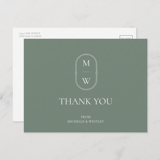 Minimalistische Monogram Sage Green Wedding Danke Postkarte (Vorne/Hinten)