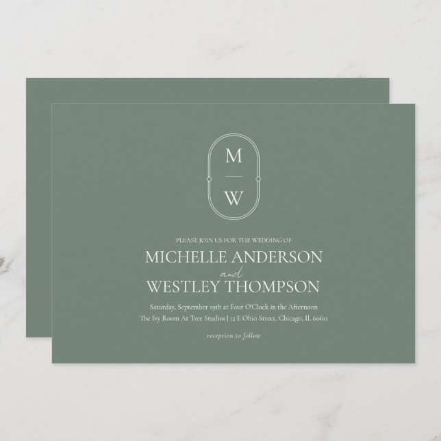 Minimalistische Monogram Sage Green Wedding Einladung (Vorne/Hinten)