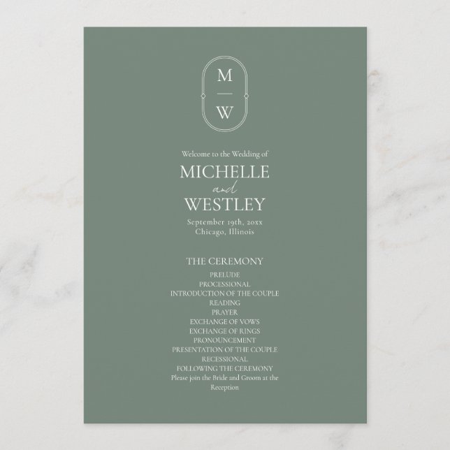 Minimalistische Monogram Sage Green Wedding Programm (Vorderseite)