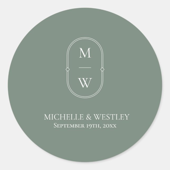 Minimalistische Monogram Sage Green Wedding Runder Aufkleber (Vorderseite)