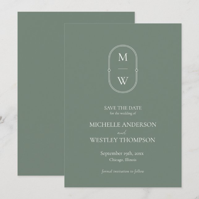 Minimalistische Monogram Sage Green Wedding Save The Date (Vorne/Hinten)