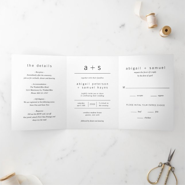 Minimalistische Monogram Simple Modern Wedding Dreifach Gefaltete Einladung (Innenseite)