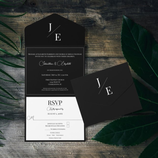 Minimalistische Monogramm-Hochzeit | Schwarz All In One Einladung (Minimalist Monogram Wedding Black All in One Invitation)