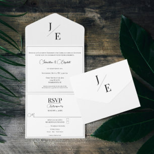 Minimalistische Monogramm-Hochzeit Weiß All In One Einladung