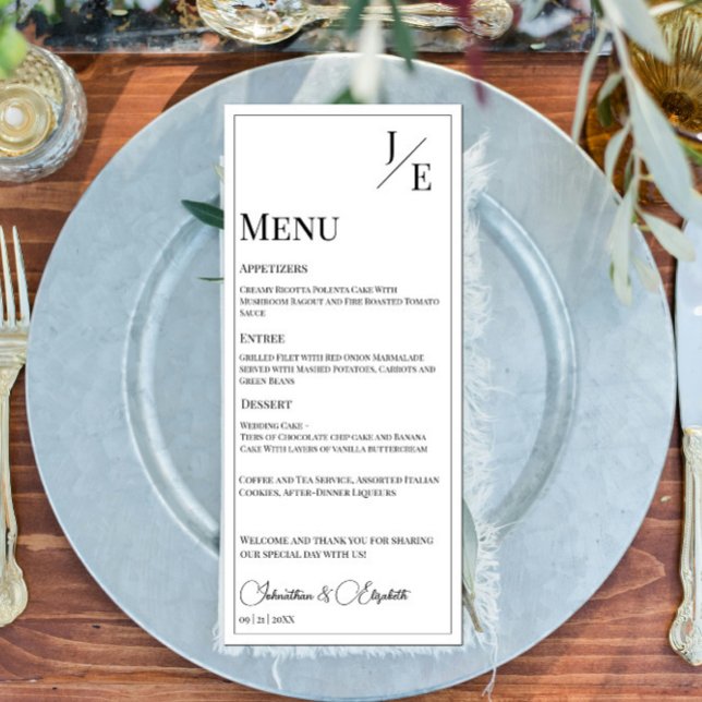 Minimalistische Monogramm-Hochzeit | Weiß Menükarte (Minimalist Monogram Wedding Menu | White)