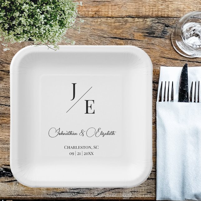 Minimalistische Monogramm-Hochzeit | Weiß Pappteller (Minimalist Monogram White Wedding Paper Plate)