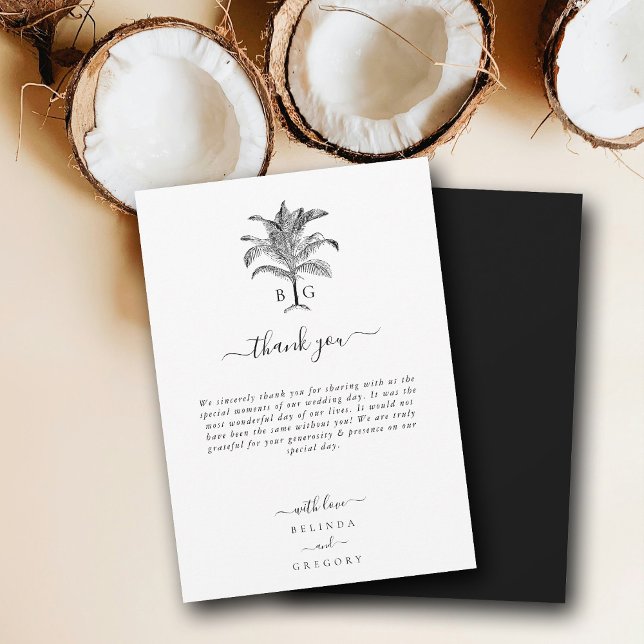 Minimalistische Monographie-Palm-Tree Dankeskarte (Minimalist Tropical Palm Tree Monogram Wedding Thank You Card)