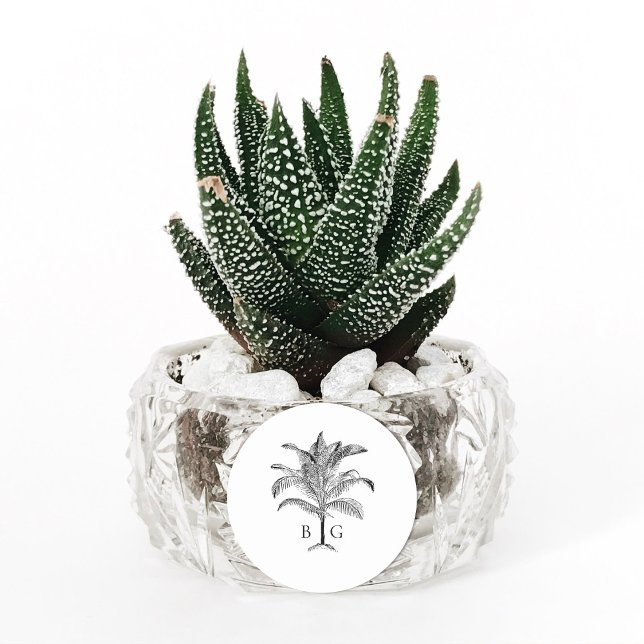 Minimalistische Monographie-Palm-Tree Runder Aufkleber (Minimalist Tropical Palm Tree Monogram Wedding Classic Round Sticker)