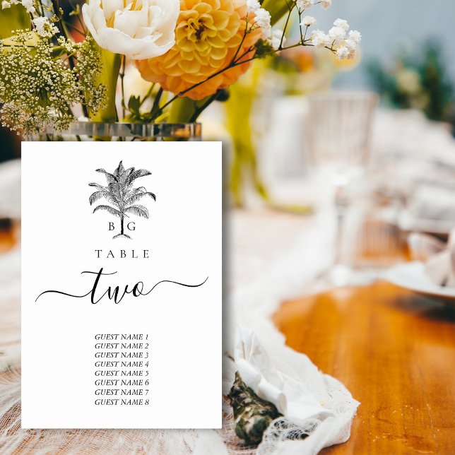 Minimalistische Monographie-Palm-Tree Tischnummer (Minimalist Tropical Palm Tree Monogram Wedding Table Number)
