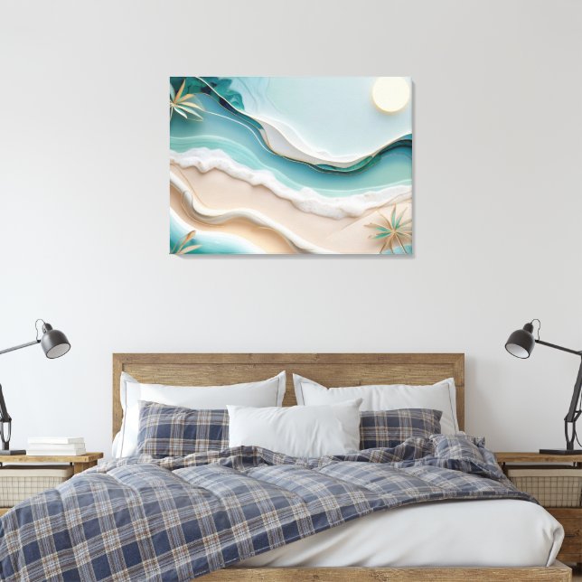 Minimalistische Mosaikstrandlandschaft mit Palmen Leinwanddruck (Insitu (Schlafzimmer))