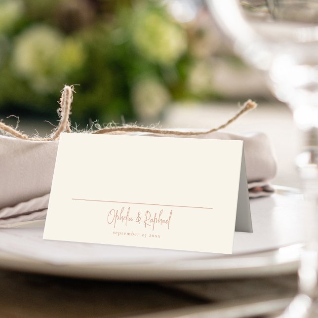 Minimalistische Namen Datum Foto Cream Hochzeit Platzkarte (Name card cream with optional custom photo on the back)