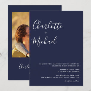 Minimalistische Navy-Blue-Foto-Hochzeitseinladung Einladung