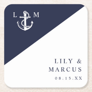 Minimalistische Navy Blue Nautical Monogram Weddin Rechteckiger Pappuntersetzer