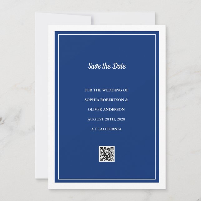 Minimalistische Navy Blue QR-Code Save the Date-Ka Einladung (Vorderseite)
