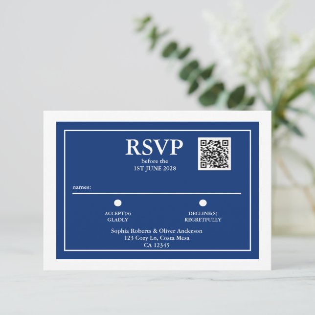 Minimalistische Navy Blue QR Code Wedding RSVP Car (Stehend Vorderseite)