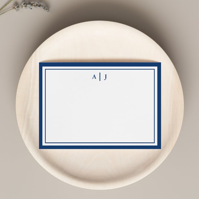 Minimalistische Navy Blue Two Border Monogram Note Mitteilungskarte (Von Creator hochgeladen)