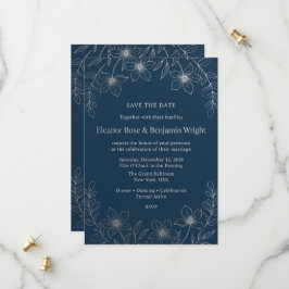 Minimalistische Navy- und Silber-Blumen-Save-the-D Save The Date