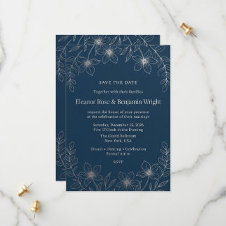 Minimalistische Navy- und Silber-Blumen-Save-the-D Save The Date