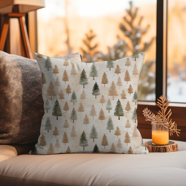 Minimalistische, neutrale Beige Evergreen Trees Kissen (Minimalistic Winter Pattern Scandinavian Nordic Xmas Throw Pillow - Neutral Beige Tan Watercolor)
