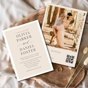 Minimalistische neutrale Beige QR Code Foto Hochze Einladung