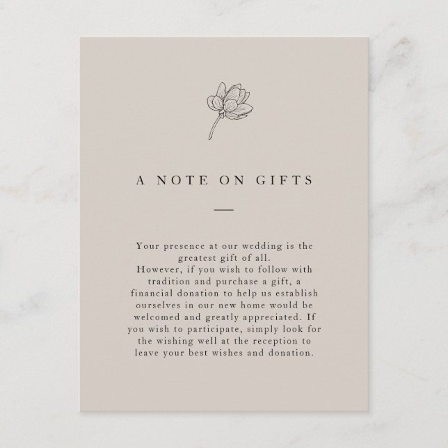 Minimalistische, neutrale Geschenke mit Blumenmoti Begleitkarte (Vorderseite)