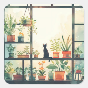 Minimalistische Niedliche Schwarze Katze und Pflan Quadratischer Aufkleber
