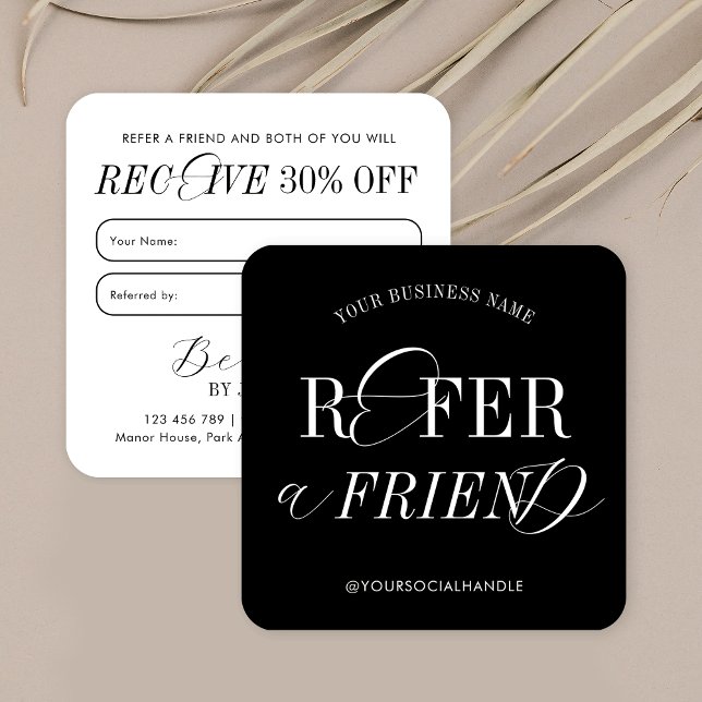 Minimalistische Nostalgie Schwarz & Weiß Weiteremp Quadratische Visitenkarte (Fully editable business referral cards with elegant script font and minimal design)