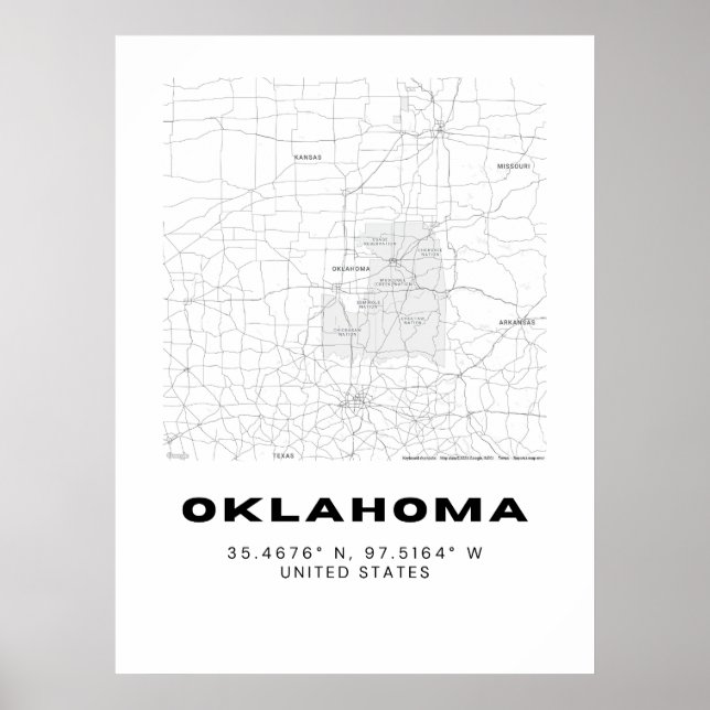 Minimalistische Oklahoma Karte Kunst - Schwarz/Wei Poster (Vorne)