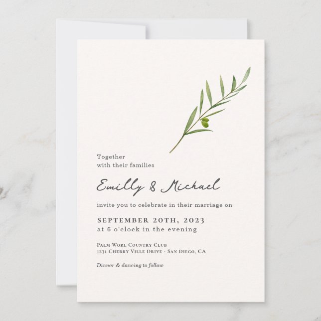 Minimalistische Olive Green Leaf Bran Wedding Einladung (Vorderseite)