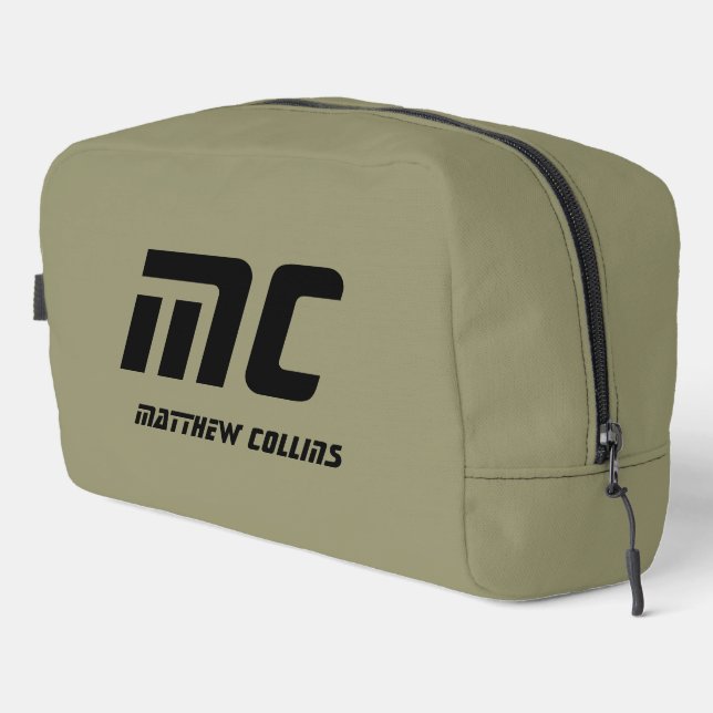 Minimalistische Olive Green Monogram Name Mens Waschbeutel (Rechte Ecke)