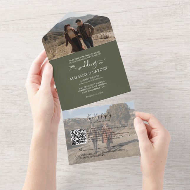 Minimalistische Olive Green QR Code UAWG Wedding All In One Einladung (Abreißen)