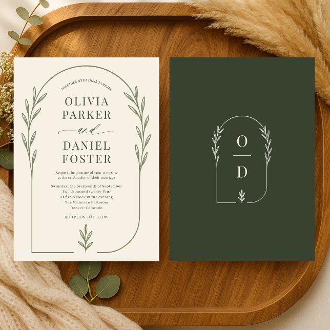 Minimalistische Oliven-Grüne Boho-Bogen-Hochzeit Einladung (Von Creator hochgeladen)