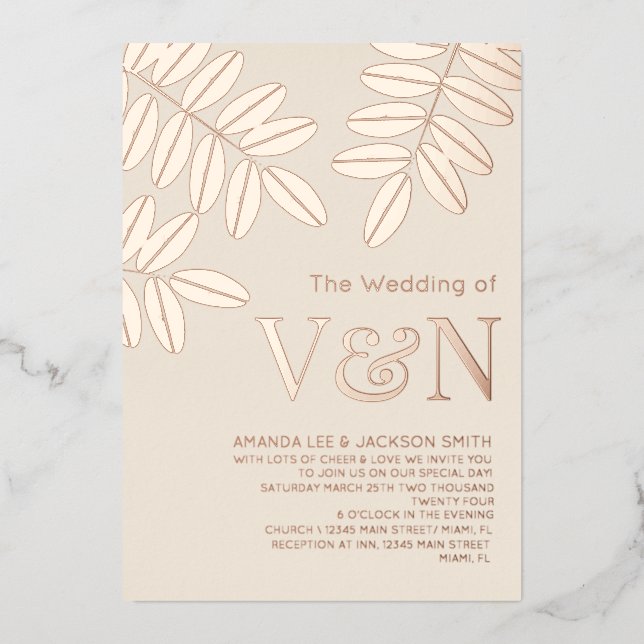 Minimalistische Olivenzweige Rose Gold Beige Hochz Folieneinladung (Vorderseite)