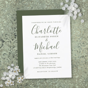 Minimalistische olivgrüne Schrift Hochzeitseinladu Einladungspostkarte