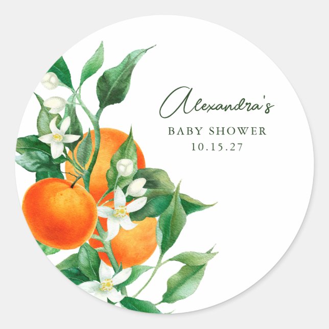 Minimalistische Orange Frucht Botanical Baby Dusch Runder Aufkleber (Vorderseite)