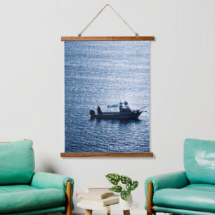 Minimalistische Ozean-Wandkunst Fischer Blau Wandteppich Mit Holzrahmen